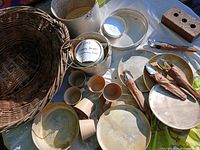 overall lot showing pots, plates, mugs, utensil sets and basket