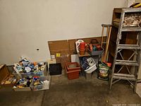 wide view of lot showing ladder, crutches, pots, chemicals