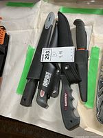 Grouped view of four fillet knives with sheaths showing Rapala and Shimano branding
