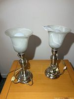 Pair of matching table lamps on wooden surface; shows metal bases, glass shades, cords and bulbs