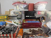 Overall lot with paint tubes, tins, Crayola boxes, palette, paper pad and print