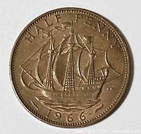 Reverse side showing Golden Hind ship and 1966 date