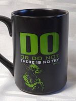 Front of black mug showing Yoda image and quote