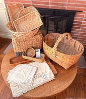 Group shot of all baskets, linens and wooden board