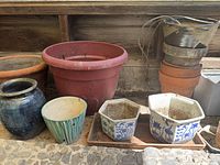 Front view of assorted planters on ledge
