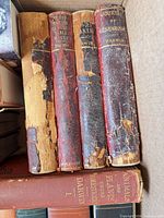 Four worn leather-spined Darwin volumes and adjacent cloth volume