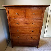 Front view of six-drawer Mission style dresser