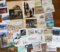 Group layout of assorted artworks showing range of mediums and sizes