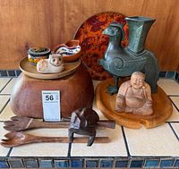 Group shot of entire lot showing all wooden, metal, and ceramic pieces together