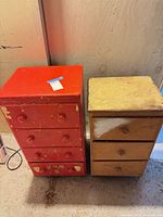 Front view of both drawer units showing colors, number of drawers, knobs, wear
