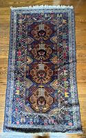 Full view of rug showing entire design and fringes