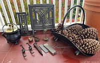 Overall lot with coal scuttle, fireplace panels, hooks, wedge and stone