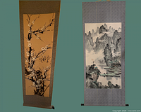 Both hanging scrolls side by side showing complete artwork and mounts