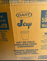 Manufacturer’s carton showing Dart J Cup branding and cup information