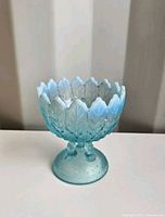Full view of compote front, showing opalescent blue color and pedestal
