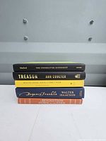 Stack of five hardcover books showing spines