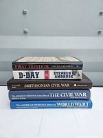 Stacked spines of all five war history books