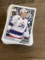 Stack of Upper Deck hockey cards, top card Rookie Report Keith Tkachuk