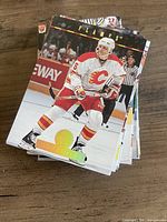 stack of Donruss NHL hockey trading cards showing Calgary Flames player