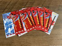 Fanned arrangement of eight Team Canada hockey cards showing card fronts and numbering