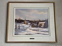 Front view of framed painting showing winter scene, mat and frame