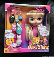 Front view of sealed Diva Starz Alexa doll box showing doll and accessories