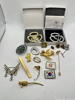 Overview of entire assortment showing boxed scarf clips and various brooches and pins