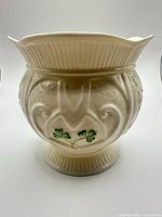 Front view of Belleek Love Heart footed bowl showing shamrock motif