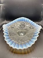 Top view showing square shape, ruffled blue opalescent rim and pressed pattern