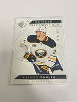 Front of the Rasmus Dahlin Rookie Authentics card showing image, numbering, SP Authentic branding