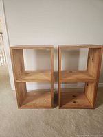 front view of both cubby shelves showing two-tier open design