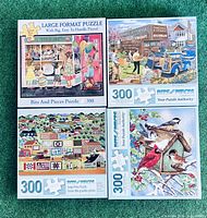 Four boxed puzzles: toy shop, salvage store, quilt pattern, cardinals
