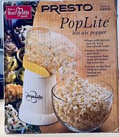 Front of retail box showing Presto PopLite branding and photo of popper with popcorn