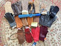 Overview of all glove pairs and umbrella laid on rug