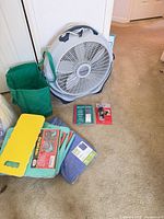 Group shot of fan, knee pads stack, packaged travel items, green tote