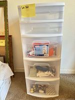 Front view of Sterilite five-drawer organizer showing overall condition