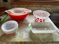 All bowls and baking dish on countertop