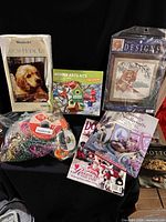Group shot showing latch hook kit, birdhouse kit, cross-stitch kit, books and bag of supplies