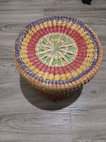 Top view of multicolor starburst lid on woven basket