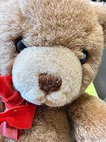 Close-up of teddy bear face showing plush texture, embroidered nose, ribbon bow