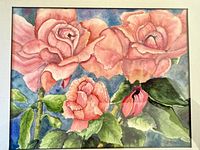 close-up of watercolor showing rose details and signature