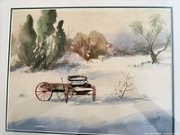 Close view of watercolour winter scene with wagon and trees