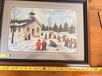 Full view of framed Shirley Hulley winter scene print with measuring tape for scale