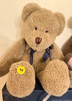 Front view of teddy bear seated, showing overall appearance and ribbon