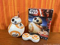 BB-8 droid, remote and box front displayed together