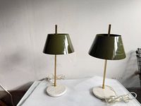 Full view of both lamps front angle showing shades, stems, marble bases, cords
