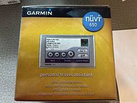 Front of boxed Garmin nüvi 650 showing product image and features