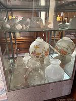 cabinet view showing floral globes, milk glass globe and multiple clear ribbed shades