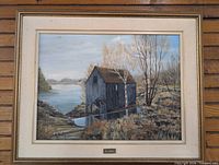 full view of framed MJ Herbin oil on canvas landscape