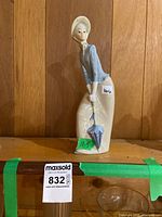 Front view of porcelain figurine showing hat, blouse, skirt, umbrella